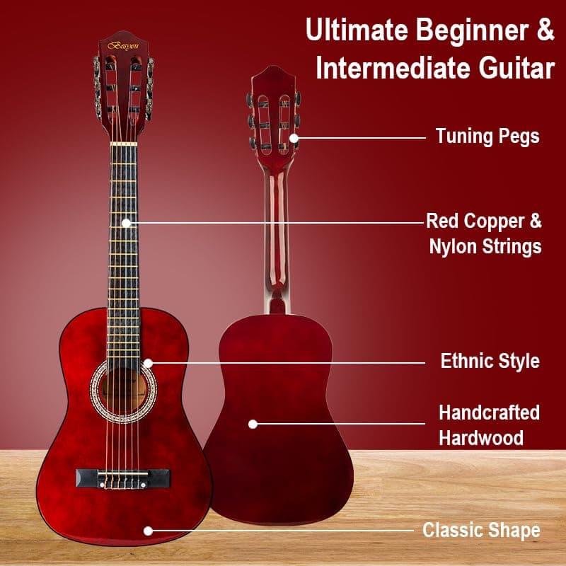 BESYOU 30in Beginner Kids Acoustic Guitar Basic Starter Kit Tuner Capo Strings Winders Strap Picks Student Youth Toddler Guitar Pickguard with Gig Bag Brown