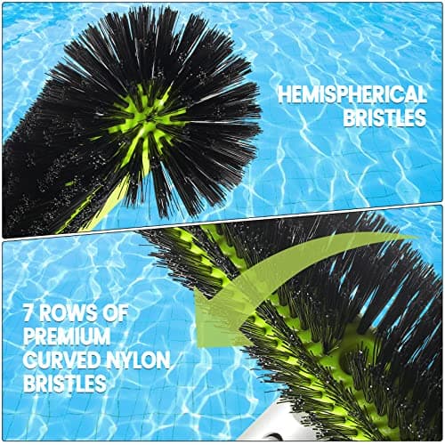 Swimming Pool Brush Head with Round Ends,17.5" Heavy Duty Aluminum Back Head for Cleans Walls, Tiles & Floors, 7 Rows Premium Nylon Bristles with EZ Clips (Green Black)