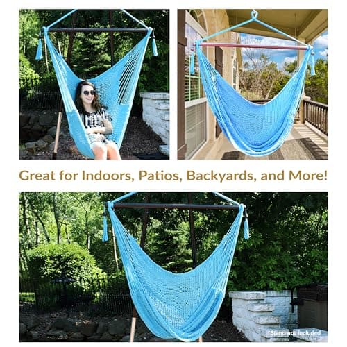 Sunnydaze Outdoor Hammock Chair Swing for Reading - Hanging Hammock Swing for Indoor or Patio - 300lb Capacity - Caribbean XL - Sky Blue