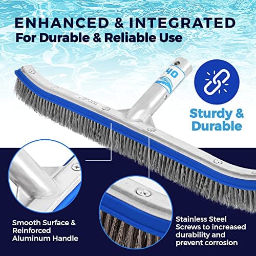 440 Heavy Duty Pool Brush - 18-inch Extra-Wide Metal Brush Head with Stainless Steel Wire Bristles & Curved Edges for Cleaning Pool Tiles, Walls, Floor, Steps (Stainless Steel)