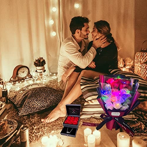 EIGHTOWN Roses Bouquet Artificial Flower - Preserved Red Rose Flowers with Love Necklace for Her - Unique Gifts Valentine's Day, Mother's Day, Thanksgiving, Birthday, Anniversary