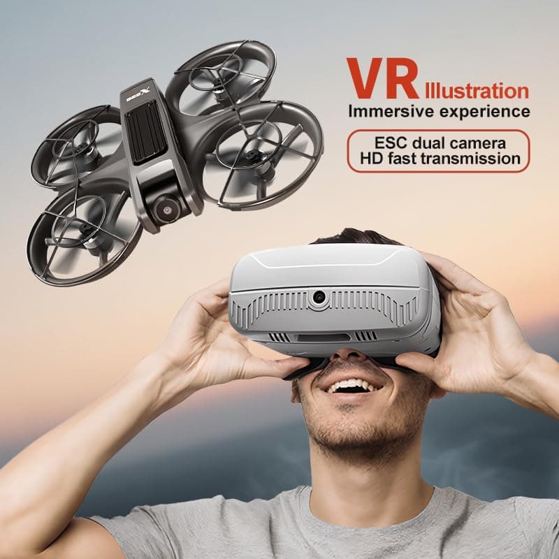 VR FPV Hobby Drone with VR Goggles, One Key Takeoff/Landing, APP Control, Brushless Motor, Dual Batteries, Beginner-Friendly Quadcopter with Propeller Guards, Altitude Hold, Optical Flow Positioning, Dual Cameras & LED Night Lights, a first-person view