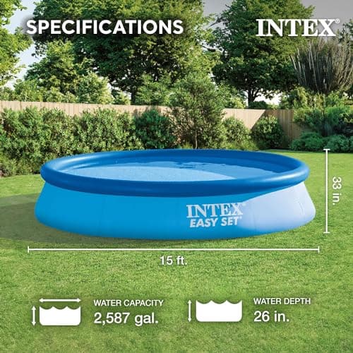Intex 28157EH Easy Set Inflatable Swimming Pool Set: 15ft x 33in – Includes 530 GPH Cartridge Filter Pump – Puncture-Resistant Material – 2587 Gallon Capacity – 26in Water Depth
