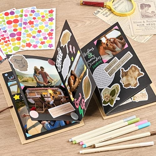 Stretchable Folding Mini Scrapbook, Hardcover Accordion Scrapbook, Small Black Photo Album, Adventure Book, Travel Scrapbook Small Scrapbook Album with DIY Accessories Kit, 6 x 8 Inch, 34 Pages B0D3DDGXJ6