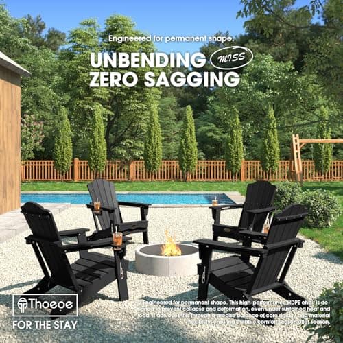 THOEOE Folding Adirondack Chair,HDPE All-Weather Outdoor Chair with Cup Holder,Wooden Textured,Fire Pit Chair,Plastic Patio Chair for Deck,Backyard,Garden,Lawn, Black