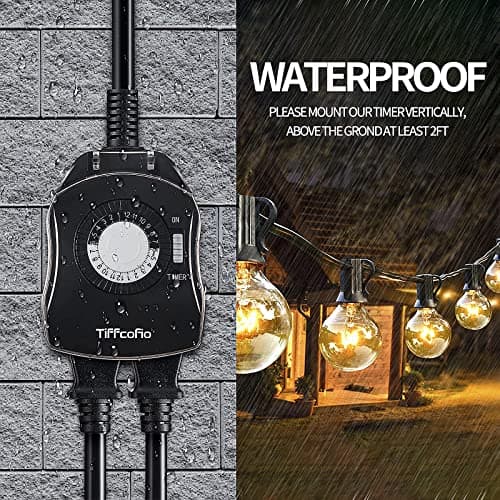 TiFFCOFiO Outdoor Timer Outlet, 24 Hour Mechanical Outdoor Timer for Pool Pump, Outdoor Light Timer Waterproof, 2 Grounded Outlets for Home and Garden, 15A 1/2HP, Heavy Duty, CSA Listed (1 Pack)