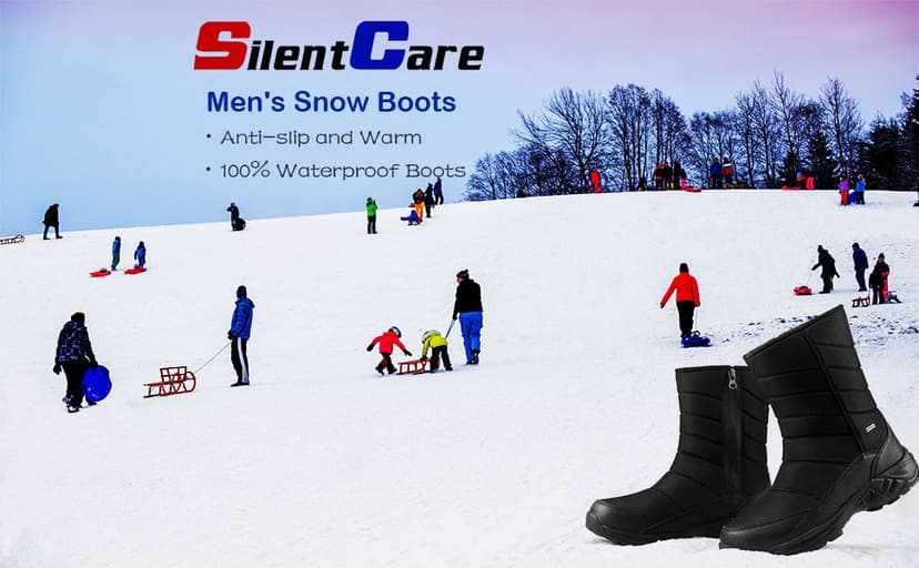 SILENTCARE Mens Winter Mid-Calf Snow Boot Fur Warm Waterproof Slip On Outdoor Athletic