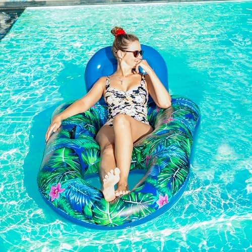 FindUWill Pool Floats Chairs Adult - 2 Pack 65'' x 42'' Large Pool Float Chairs, Inflatable Pool Lounger with Cup Phone Holder, Backrest, Footrest, Tanning Pool Lounge