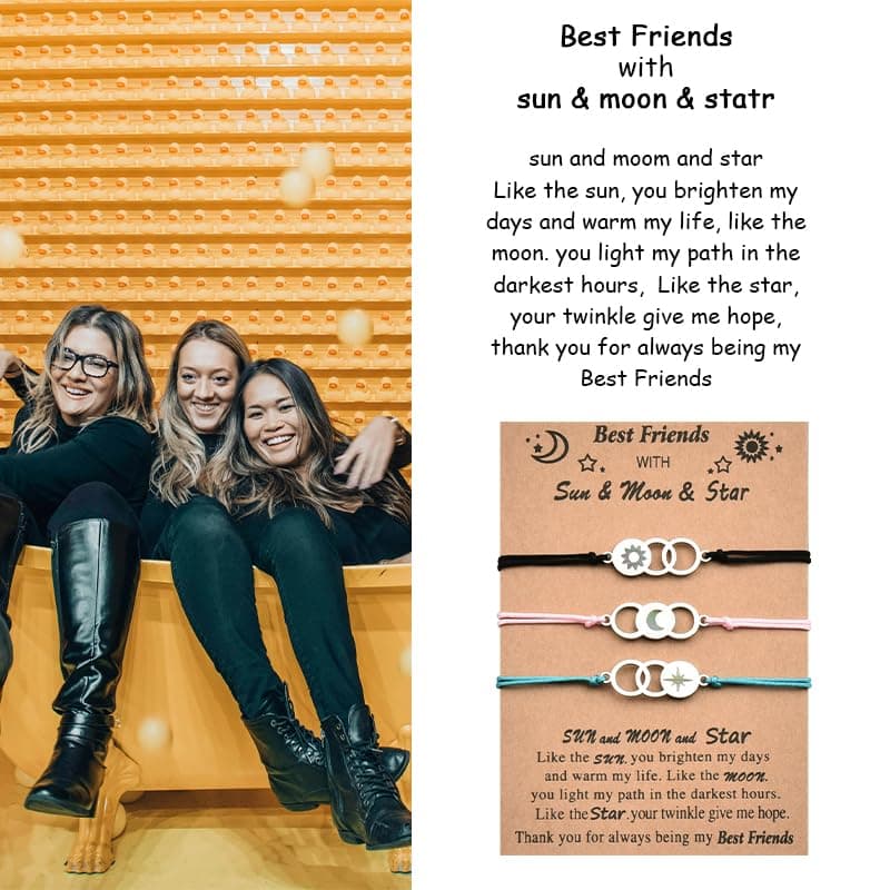 MXXGMYJ Best Friend Bracelets for 3 Colorful Friendship Bracelets Gifts for Women Cute Bestie Birthday Gifts for Her Sun Moon and Star Bracelet Set of 3 Long Distance Best Friends Bracelet Gift Ideas