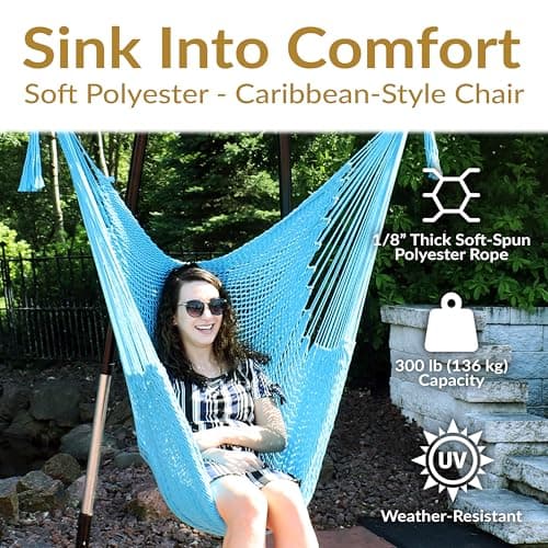 Sunnydaze Outdoor Hammock Chair Swing for Reading - Hanging Hammock Swing for Indoor or Patio - 300lb Capacity - Caribbean XL - Sky Blue