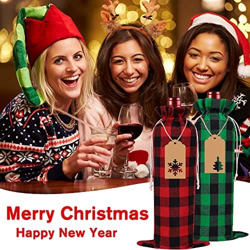 DULEFUN 12pcs Christmas Wine Burlap Bags, Xmas Wine's Bags Classic Buffalo Plaid Wine Bottle Bags Reusable Burlap Xmas wine Bottle Covers Clothes for Christmas New Year Wedding Holiday Parties