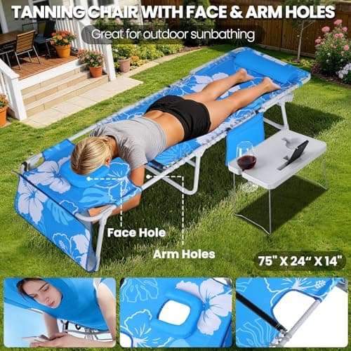 KingSom Sun Tanning Chair with Face Hole,Beach Lounge Chair with Folding Side Table,6-Position Recliner Chaise Lounge Chair,Pool Lounge Chair Outdoor Lay Flat with Pillow & Pocket,Max 350lbs-White