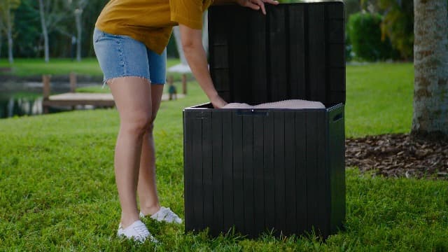 Keter City 30 Gallon Resin Outdoor Storage Box and Patio Furniture Side Table for Pool and Garden Accessories, Dark Grey