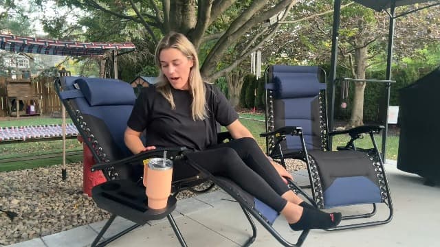PHI VILLA Zero Gravity Chair Set of 2, Padded Anti Gravity Recliner, Oversized 28" Wide Seat, Foldable Patio Lounger with Armrest & Cup Holder, Supports 400 LBS (Blue Black)