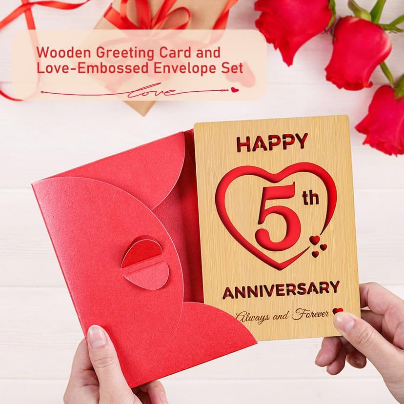 5 Year Marriage Anniversary Card Gifts for husband Wife, Wooden Happy 5th Anniversary Card for Her Him, Always and Forever Fifth Wood Wedding Cards for Men