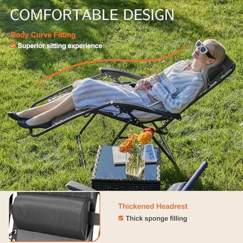 Sweetcrispy Zero Gravity Chairs, Set of 2 Portable Recliner Beach Camping Patio Outdoor Folding Lounge Chair with Cup Holder Trays and Adjustable Pillow for Poolside, Garden, Backyard, Lawn (Black)