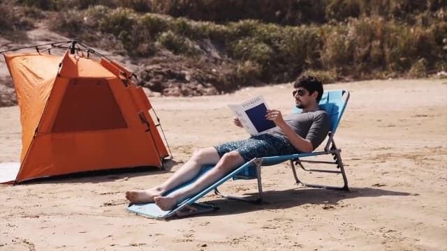 COSTWAY Tanning Chair with Face Hole, Folding Beach Lounge Chair with 4-Position Adjustable Backrest, Pillow & Side Pocket, Foldable Chaise Lounge Chair Outdoor for Sunbathing, Camping (1, Beige)