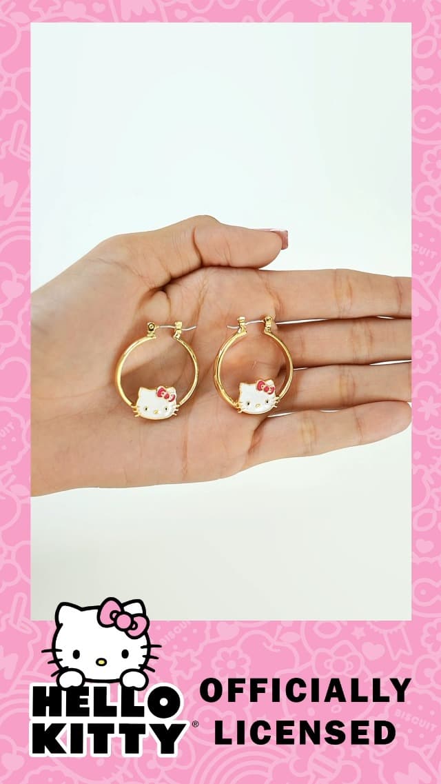 Hello Kitty Hoop Earrings for Women Official License, Gold Tone Flash-Plated and Enamel Sanrio Earrings