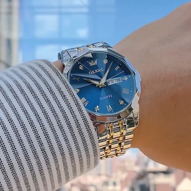 OLEVS Watch for Men Diamond Business Dress Analog Quartz Stainless Steel Waterproof Luminous Date Two Tone Luxury Casual Wrist Watch Blue