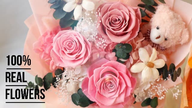Preserved Flowers Bouquet with Bear, 3 Real Forever Flowers for Delivery, Long-Lasting Pink Eteranl Roses Bouquet Birthday Gifts for Women, Mother, Wife, Her