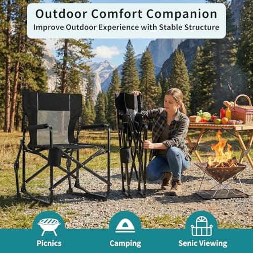 OLIXIS Outdoor Folding Rocking Chair for Adults, Portable Camping Lawn Chair with Mesh Back, Waterproof Armrests & Sturdy Frame, Foldable Seat for Patio, Beach, Camping, Black