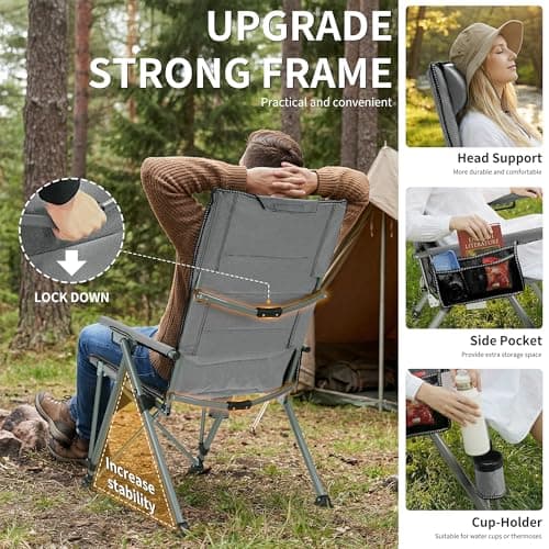 Folding Camping Chair with Cup Holder and Storage Bag, Heavy Duty Support 400 LBS, Oversized Collapsible Portable Adjustable Back Support Camping Chair for Outdoor Lawn Patio Balcony