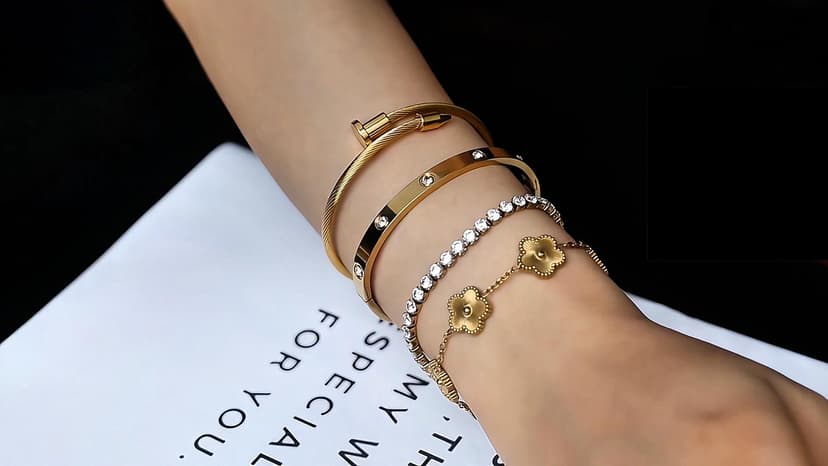 18K Gold Plated Bangle Bracelet Set for Women Stackable Lucky Floral Adjustable Tennis Bracelet Non Tarnish Gift Jewelry for Christmas Valentines Birthday Mother's Day B0FH8ZYLJL