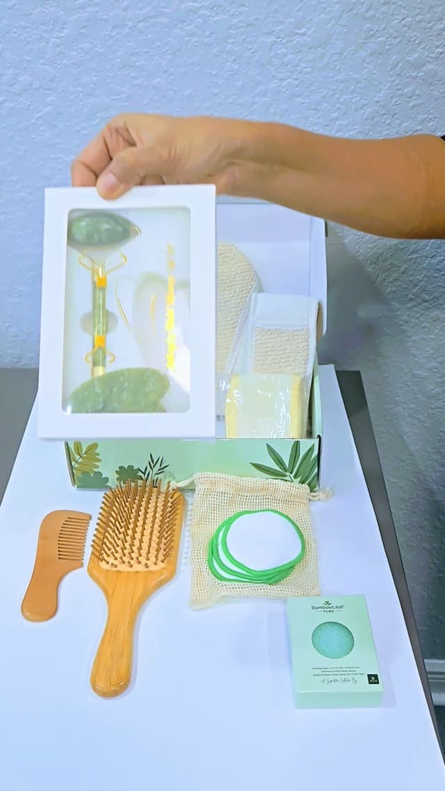 Self Care Natural Unique Organic Spa Set for Women – Eco Friendly Gift Box with Bamboo Comb, Jade Roller, Facial Sponge, Makeup Remover Pads, Headband & Bath Glove – Birthday, Relaxation Kit