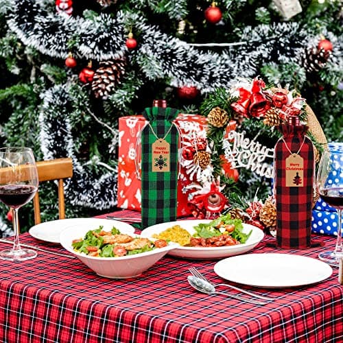 DULEFUN 12pcs Christmas Wine Burlap Bags, Xmas Wine's Bags Classic Buffalo Plaid Wine Bottle Bags Reusable Burlap Xmas wine Bottle Covers Clothes for Christmas New Year Wedding Holiday Parties