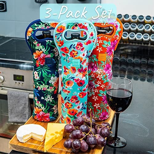 Made Easy Kit Insulated Wine Tote - Neoprene Wine Carrier Bag with Magnetic Handle Clasp - Wine Bottle Protective Travel Bag - Perfect for Gifting Travel or Gift Bag - Set of 3 (Floral Patterns)