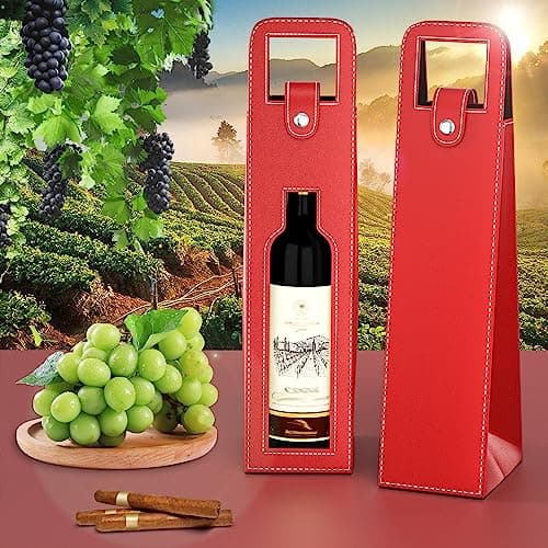 Wine Gift Bag, Reusable Leather Wine Tote Carrier, Single Bottle Champagne Beer Gift Bags Carrier for Birthday, Wedding, Picnic Party, Christmas Gifts (Red)