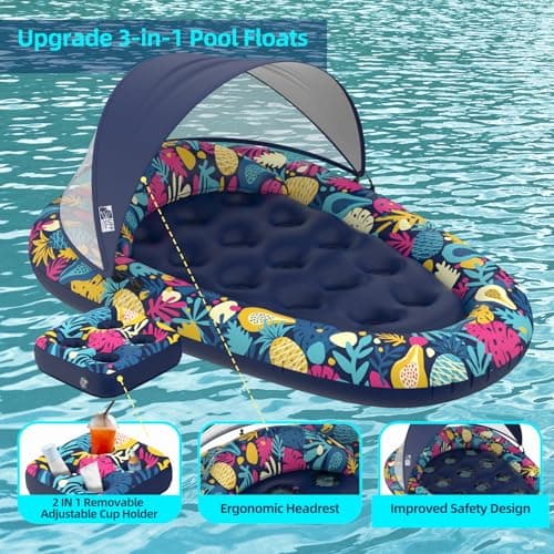 Sunikko X 3-in-1 Pool Floats with Canopy Cup Holder, Tanning Pool Large 73" x 48" Float Adult Heavy Duty, Inflatable Lounger Raft Floating Chair with Backrest, Swimming Pool Lake Beach Party