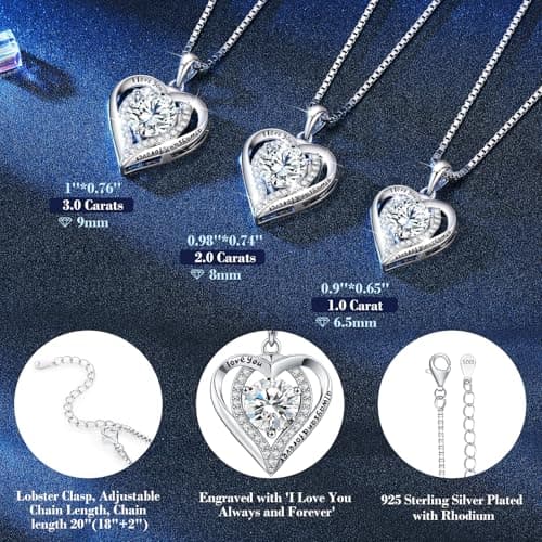 Moissanite Necklace for Women, 1-3 Carat Heart Pendant Necklace, 925 Sterling Silver, Anniversary Present for Wife, Women, Birthday Gifts for Wife, Jewelry Gifts for Christmas, Valentine's Day