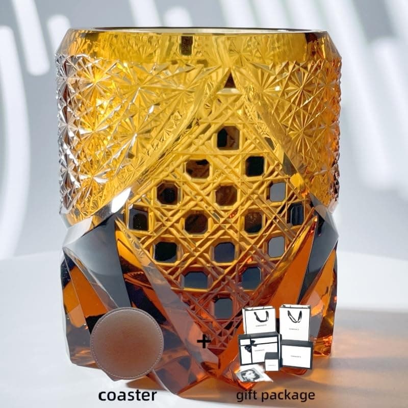 suigetsu Japanese Crystal Whiskey Glass, Cut Crystal Pattern, Luxury Cocktail Glassware (Amber)