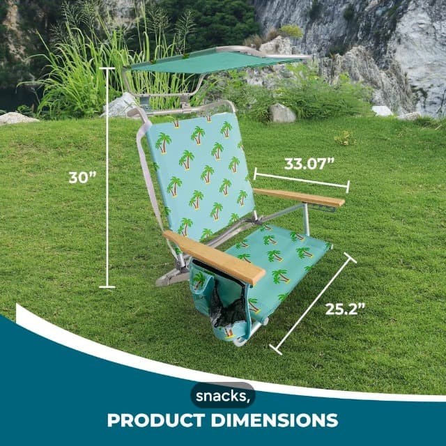 Bliss Hammocks Folding Beach Chair Recliner with Canopy Shade, Palm Tree