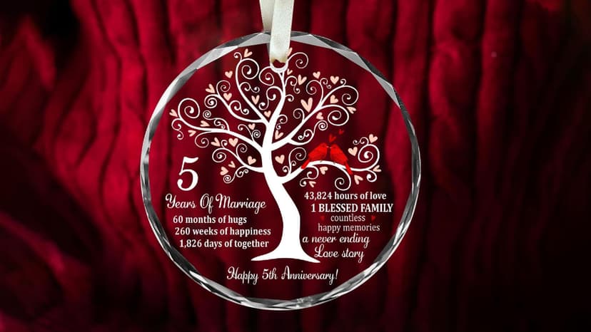 5th Wedding Anniversary Glass Ornament for Couple, Wife, Husband or Parents, Unique Wood Wedding Anniversary Idea, A Meaningful Christmas Decor to Celebrate Five Years of Love
