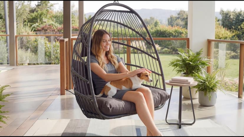 Nicesoul Outdoor Hanging Egg Chair Without Stand, Patio Wicker Swing Egg Basket Chairs with Padded Cushion, 350 Lbs Comfy Cozy Ceiling Tree Swinging Egg-Shaped Chair No Stand for Indoor Balcony, Beige