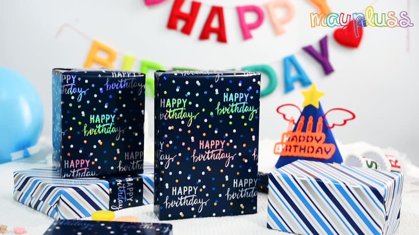 MAYPLUSS Birthday Wrapping Paper Roll, Blue Metallic Holographic Happy Birthday Wrapping Paper Featuring Revesible Stripe Gift Wrap Paper for Boys Kids Girls Men, 17 Inches x 33 Feet B0FX9W1LZD