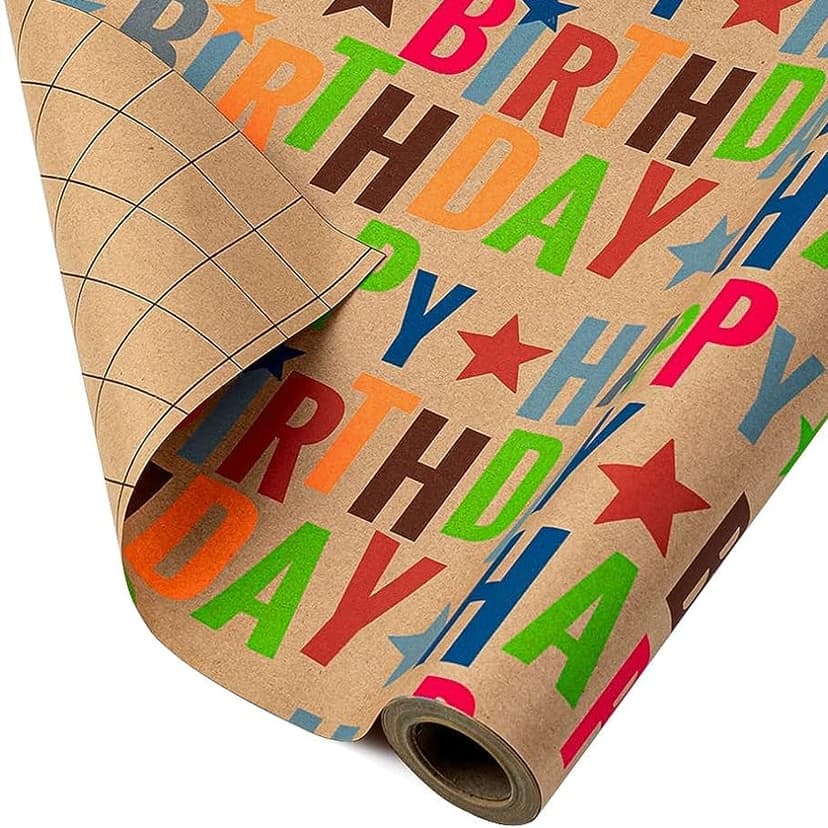 17 inch X 33 feet, Gridlines Design, Recycled, Holiday BIOBROWN Kraft Birthday Wrapping Paper Colorful Text Happy Birthday Design B0BLSML9G3