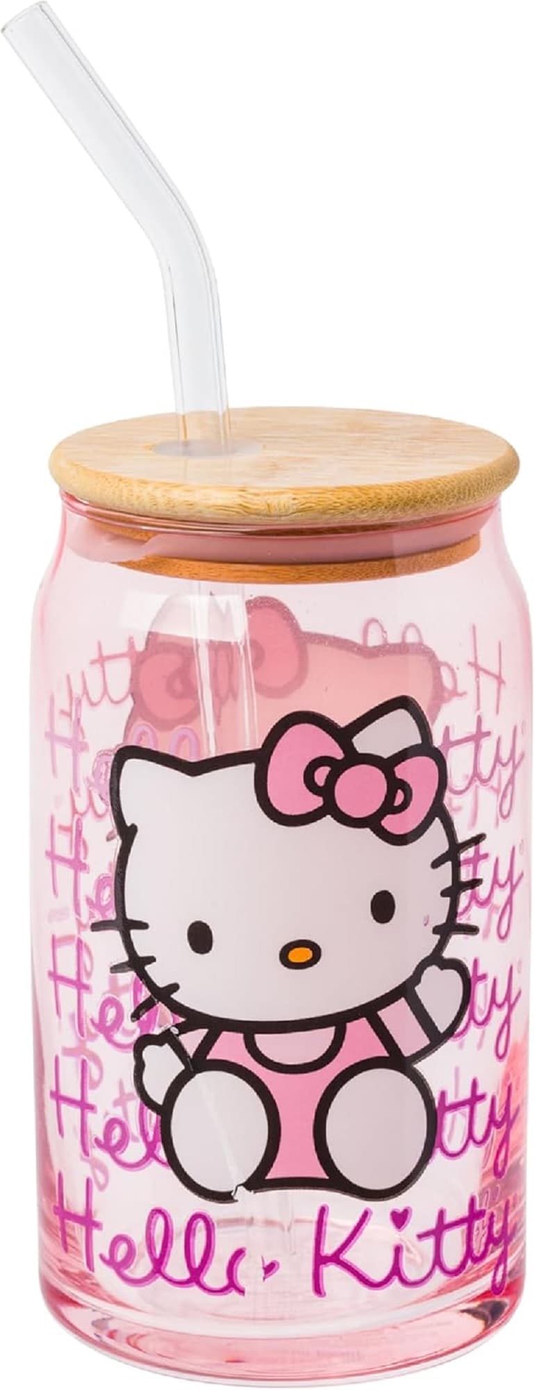 Silver Buffalo Sanrio Hello Kitty Waving Pink Glass Jar Tumbler with Bamboo Lid and Glass Straw, 16 Ounces