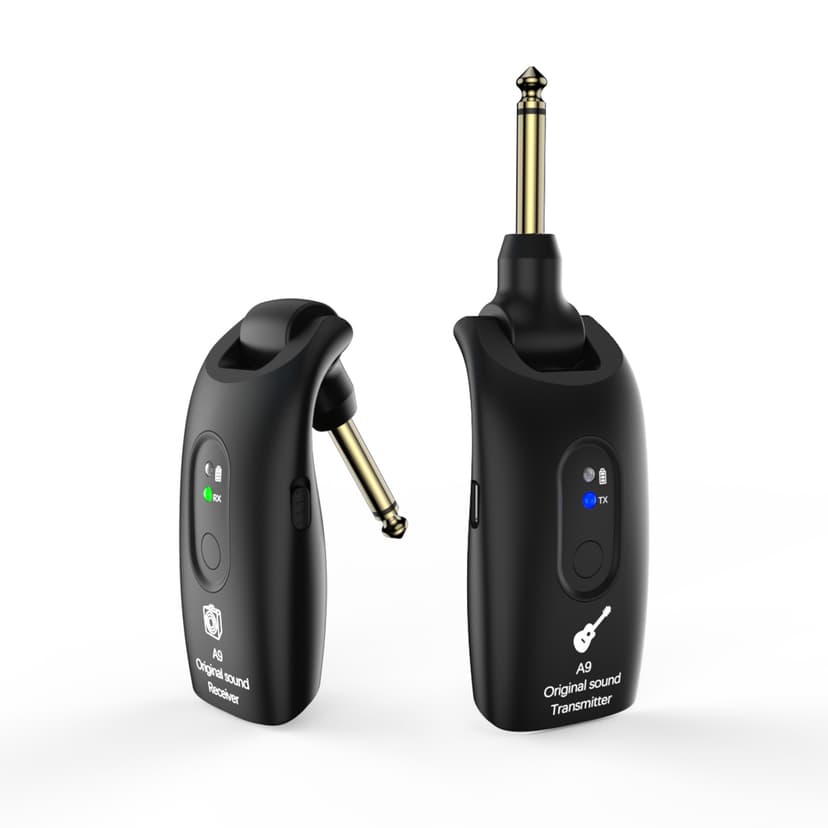 A9 Wireless Guitar System - 2.4GHz Guitar Accessories Transmitter Receiver, 24-bit 48KHz Audio, 100ft Range, No Latency, 4-Hour Rechargeable Battery, for Electric Bass (Black(1TX+1RX))