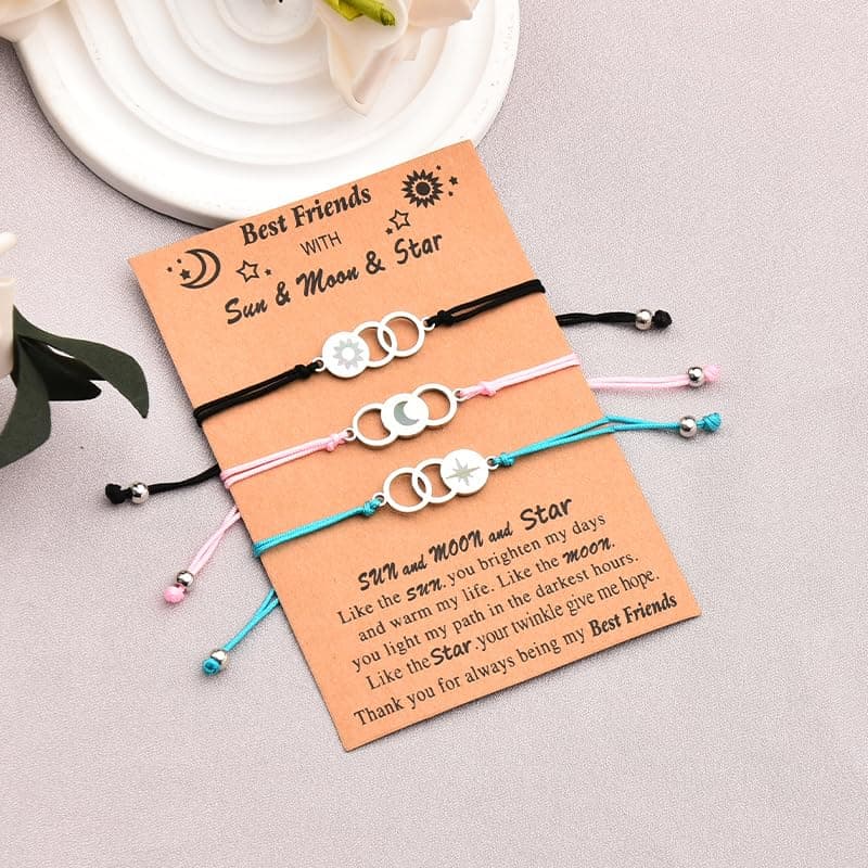 MXXGMYJ Best Friend Bracelets for 3 Colorful Friendship Bracelets Gifts for Women Cute Bestie Birthday Gifts for Her Sun Moon and Star Bracelet Set of 3 Long Distance Best Friends Bracelet Gift Ideas