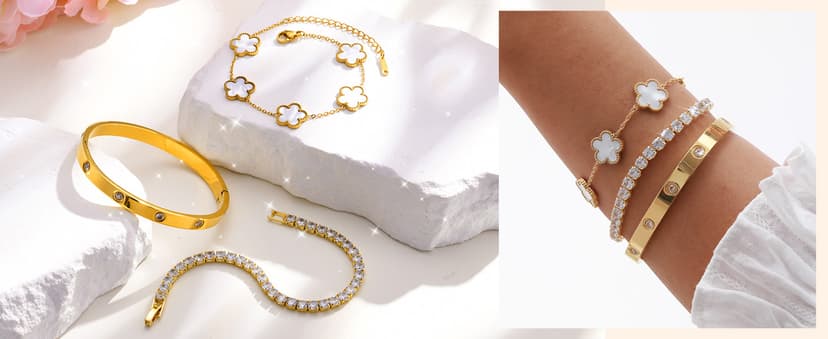 MPRAINBOW Womens Stackable Floral Gold Bracelets - 3Pcs 18K Gold Plated Bracelet,Stainless Steel Bangle Bracelets Non Tarnish, Gold Bracelet Set Trendy Jewelry,Christmas Valentines Birthday Gifts for Girlfriend