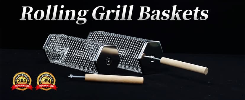 Rolling Grill Basket, Removable Wooden Handle, 304 Stainless Steel, Nesting Grilling Tools, Smoker BBQ Accessories for Vegetable, Outdoor Cooking Camping, Birthday Gifts for Men Dad Husband