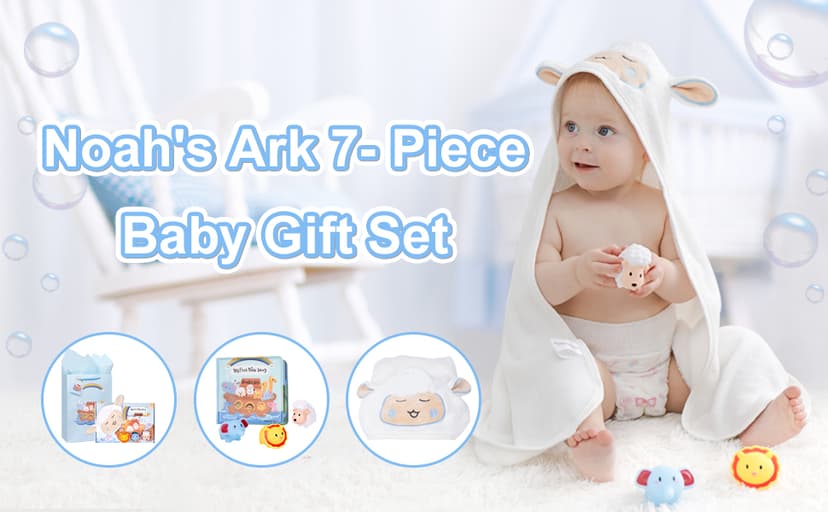 My First Noahs Ark 7 pcs Baptism Gift Set, Dedication, Christening and Baptism Gifts for Girl and Newborn Baby, Includes Washcloth and Hooded Towel,Baby Bath Book, 3 Bath Toys and Gift Bag
