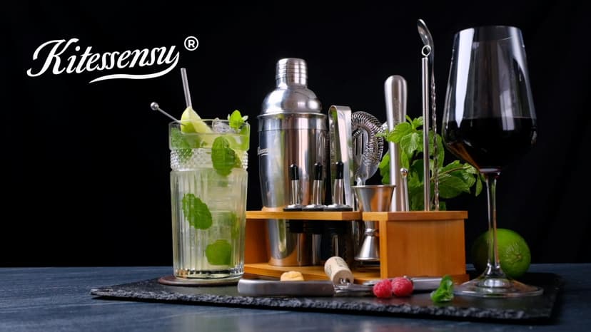 KITESSENSU Cocktail Shaker Set Bartender Kit with Stand | Bar Set Drink Mixer Set with All Essential Accessory Tools: Martini Shaker, Jigger, Strainer, Mixer Spoon, Muddler, Liquor Pourers |Silver B08BYJ8KSR
