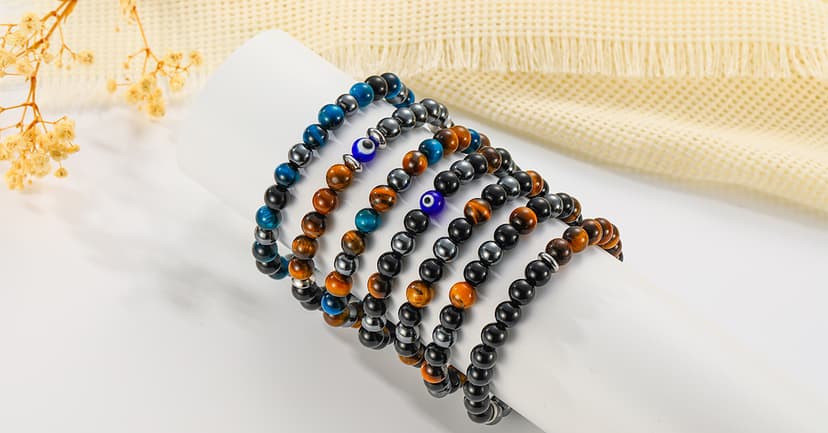 Bracelet Gifts for Men, Triple Protection Black Obsidian Hematite Tiger Eye Beaded Natural Stone Bracelets Birthday Christmas Stocking Stuffers Healing Jewelry Gifts for Him