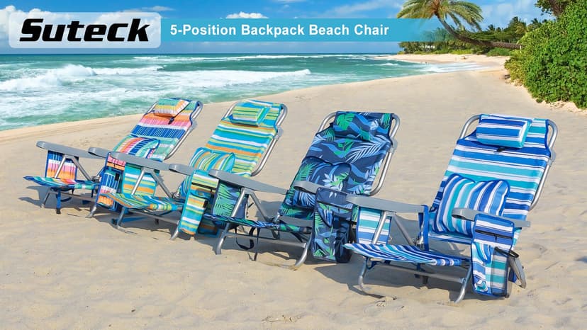Suteck Backpack Beach Chairs for Adults, 5-Position Lay Flat Reclining Chair with Cooler Pouch, Cup Holder, Towel Bar, 2-Pack Portable Folding Beach Chair for Lawn Outdoor (1, Light Blue)