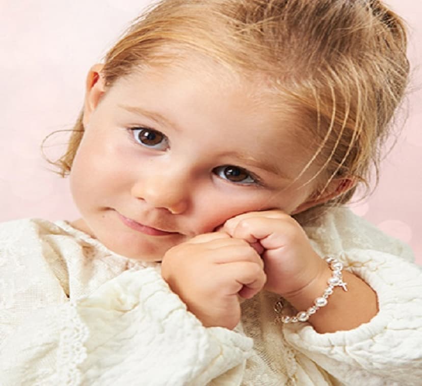 Baby Crystals Pearl Bracelets for Girls, Sterling Silver Cross Charm, Baptism Gifts for Girl, Baby Bracelet with Simulated White Pearls and Crystals, Girls Jewelry Birthday Gift