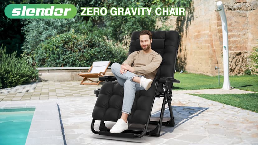 Slendor Oversized Zero Gravity Chairs XXL, 33In Padded Zero Gravity Lounge Chair, Lawn Recliner, Folding Patio Reclining Chair w/Aluminum Alloy Lock, Headrest, Cup Holder, Support 500lbs, Black